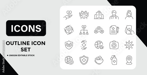 Healthcare and Wellness Outline Icon Set for Medical and Social Services