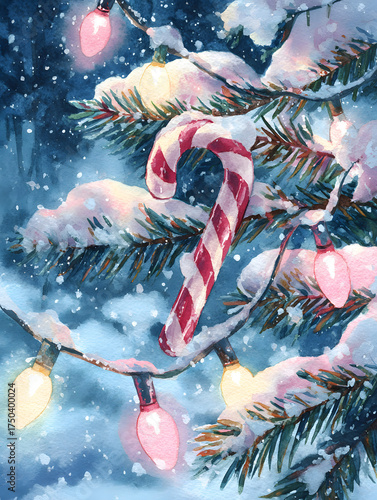 Joyful Watercolor Scene of Candy Cane with Christmas Lights