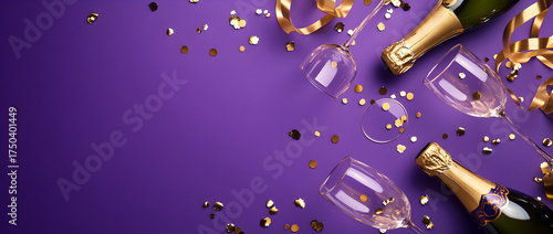 A purple background with champagne glasses and party decorations, creating an atmosphere of celebration for the New Year's Eve concept.