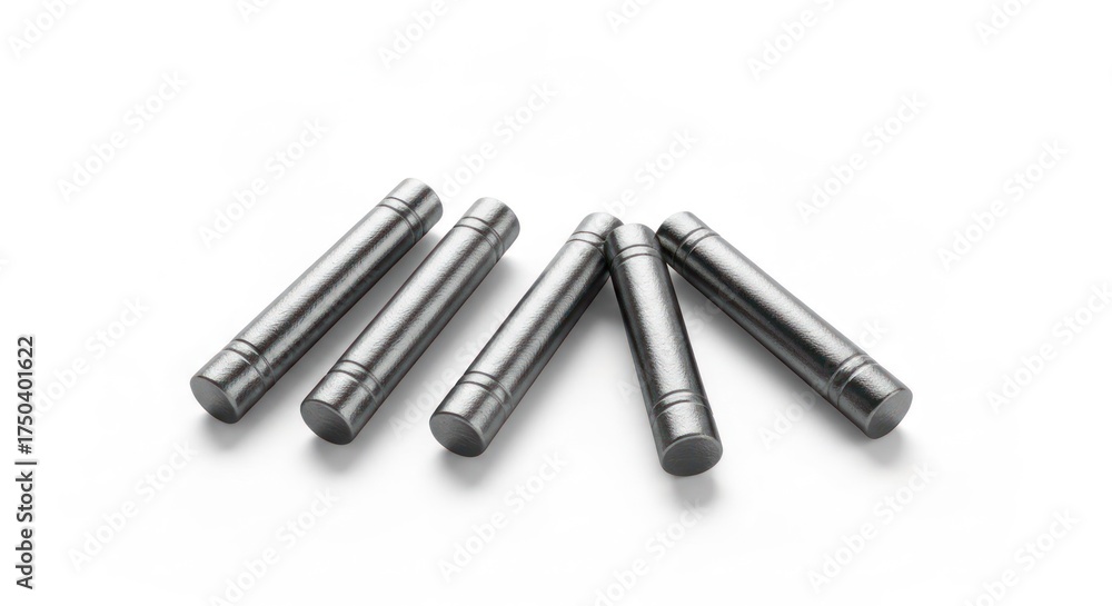 Naklejka premium Five metallic, cylindrical objects with grooved ends, arranged on a white surface