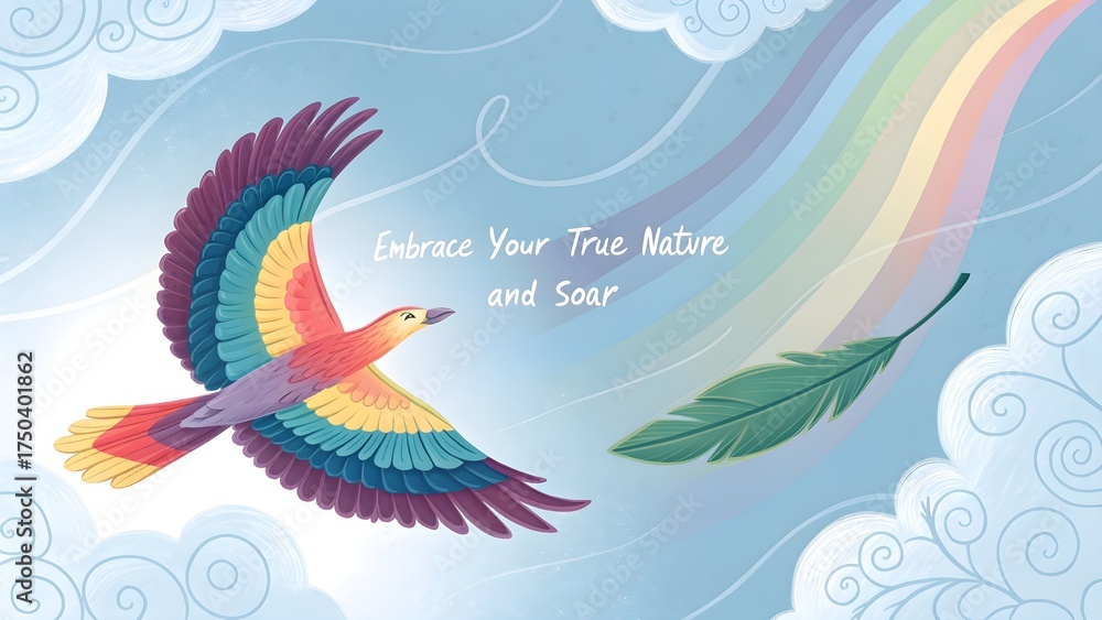 Fototapeta premium Colorful Bird in Flight with Feather and Rainbow in Sky