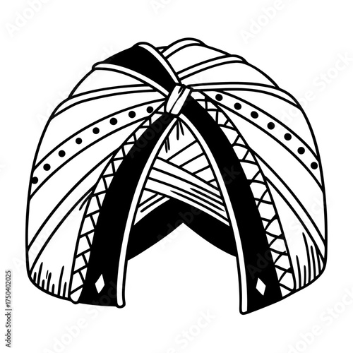 Traditional Indian turban with intricate patterns in black and white  
