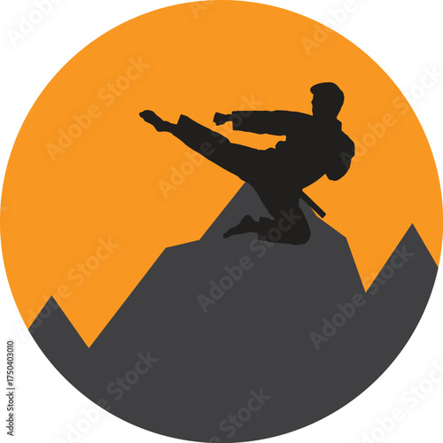 Silhouette of a martial artist performing high kick atop mountain peak against glowing sun, ideal for karate, taekwondo, discipline, fitness, motivation, competition posters, and stock visuals.