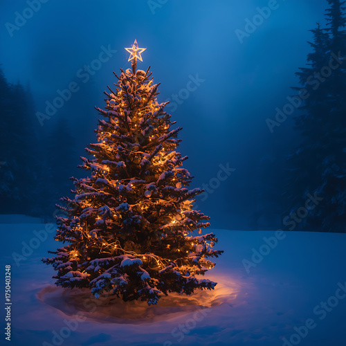 A Christmas tree is beautifully decorated with golden string lights and ornaments, standing in a snowy forest at twilight. The misty landscape, with snow-covered ground and pine trees in the blue even