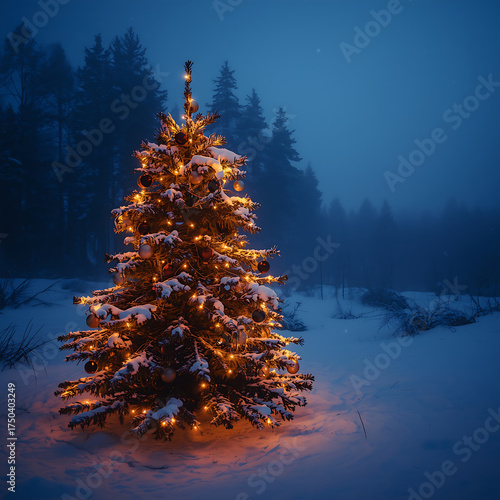 A Christmas tree is beautifully decorated with golden string lights and ornaments, standing in a snowy forest at twilight. The misty landscape, with snow-covered ground and pine trees in the blue even