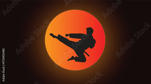 Silhouette of a martial artist performing high kick against glowing sun/moon backdrop, ideal for karate, taekwondo, self-defense, fitness branding, competition posters, and stock visuals for power, di
