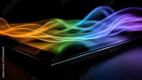 A sleek tablet emits vibrant, colorful light waves, showcasing modern technology and digital innovation.