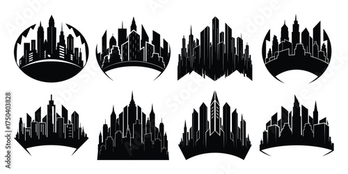 Collection of abstract cityscape silhouettes with gothic architectural elements and pointed spires on white background 