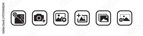 Add picture icon, Gallery icon vector icon set, Add photos icon in flat black solid vector set, Vector illustration EPS 10.
