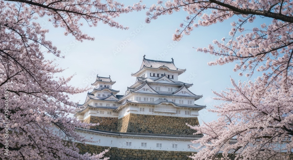 Fototapeta premium Majestic white castle framed by blooming pink cherry blossom trees, under a blue sky