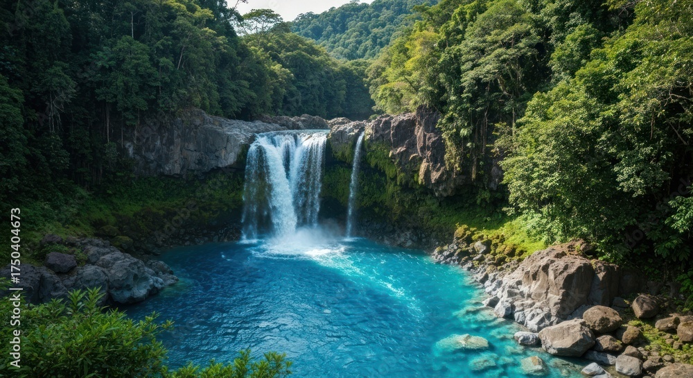 Fototapeta premium Majestic waterfall cascading into a vibrant blue pool surrounded by lush, green rainforest