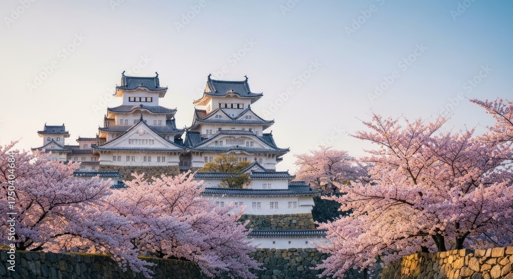 Fototapeta premium Majestic white castle among blossoming pink trees, bathed in soft sunlight