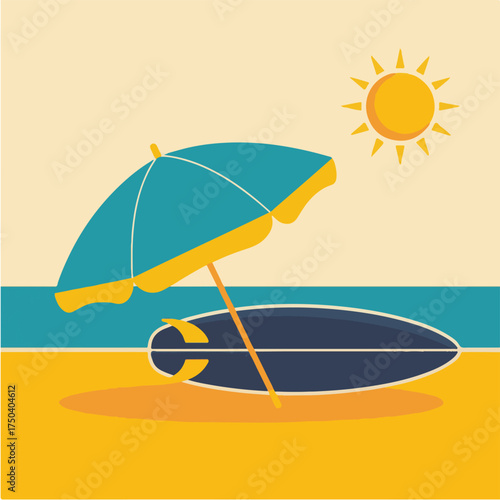 Summer Beach Vector Illustration – Surfboard, Umbrella and Sun in Bright Flat Minimal Style