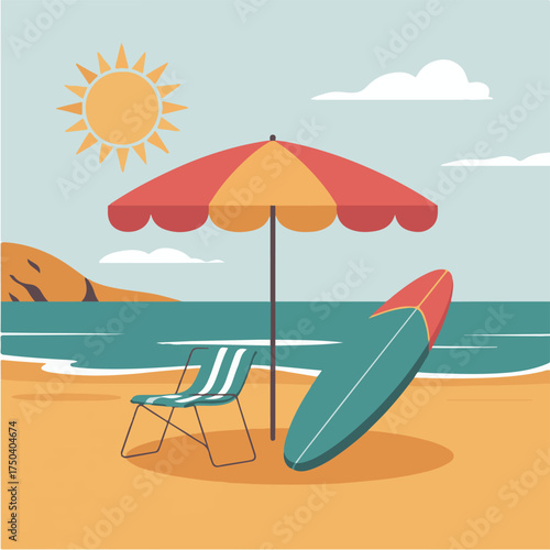 Summer Beach Vector Illustration – Surfboard, Umbrella and Sun in Bright Flat Minimal Style