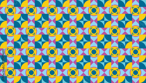 Bright geometric seamless pattern featuring half circles and concentric shapes in yellow, blue, purple, and pink