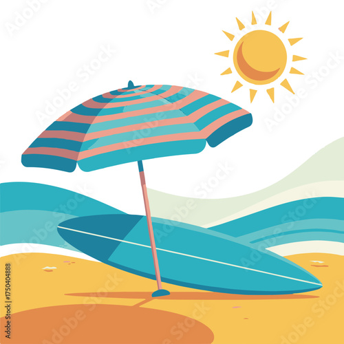 Summer Beach Vector Illustration – Surfboard, Umbrella and Sun in Bright Flat Minimal Style