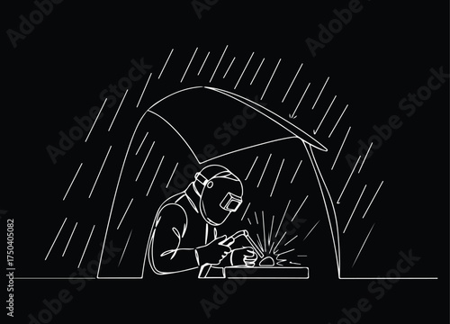  Continuous Line Art of a Welder Working Under Shelter in the Rain, Emphasizing Industrial Safety and Outdoor Work in Adverse Weather.