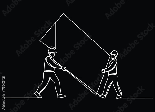Continuous Line Art Two Construction Workers, Laborers, or Builders Carrying a Large Panel or Sheet Material, Demonstrating Teamwork and Manual Labor on a Building Project