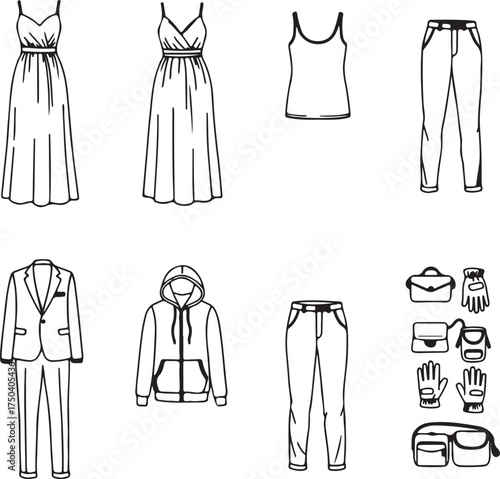 Black and white line art icons of women's clothing and accessories Keywords: dress, maxi dress