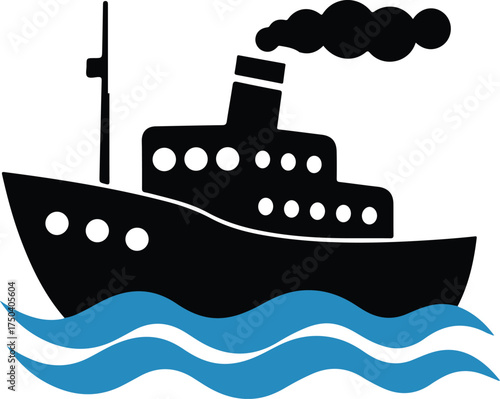 Black steamship with smoke billowing from chimney on blue waves
