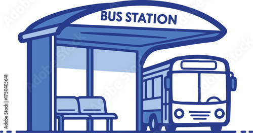 Cartoon bus station with bus and seats Keywords: bus station, public transport, transportation