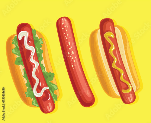  Vibrant illustration of classic hot dogs or frankfurters one plain sausage, one with mayo and lettuce, and another with mustard, set against a bright yellow background, representing delicious street 
