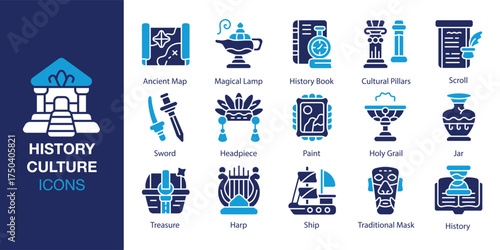 History Culture icon set. Containing architecture, heritage, landmark, city, famous and more. Solid vector icons collection. Vector illustration.