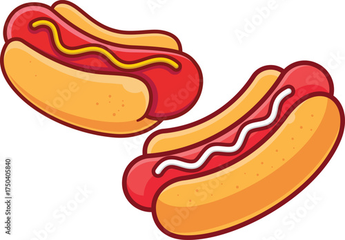  Cartoon Hot Dogs with Mustard and Mayonnaise - Delicious Fast Food Illustration, Classic American Snack Meal