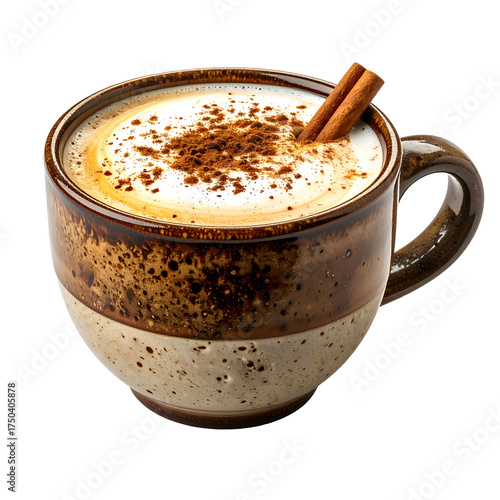Cozy, warm beverage in a speckled mug, topped with foam, cocoa, & a cinnamon stick