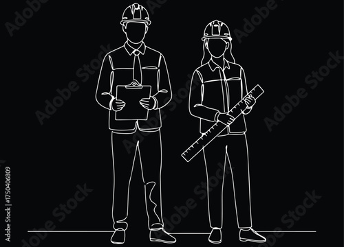 Continuous Line Art of Global Engineers or Architects A Man with a Clipboard and a Woman with a Ruler, against a World Map Background, Symbolizing International Construction and Professional Collabora