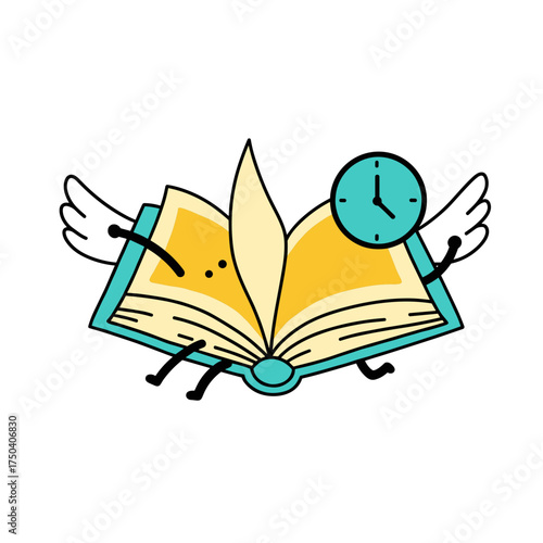Open book with wings and clock cartoon concept vector