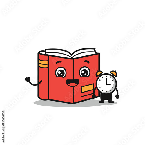 Cute red book with clock and face cartoon flat illustration