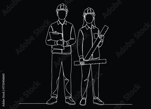 Continuous line art drawing of two professional engineers or architects, a man holding a clipboard and a woman holding rulers, both wearing safety helmets or hard hats, symbolizing teamwork and constr