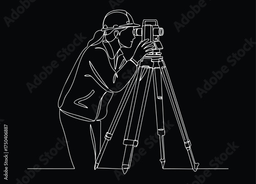 Continuous Line Drawing of a Female Surveyor, Engineer, or Geodesist Using a Theodolite or Total Station Surveying Instrument with a Tripod on a Construction Site or for Land Measurement.