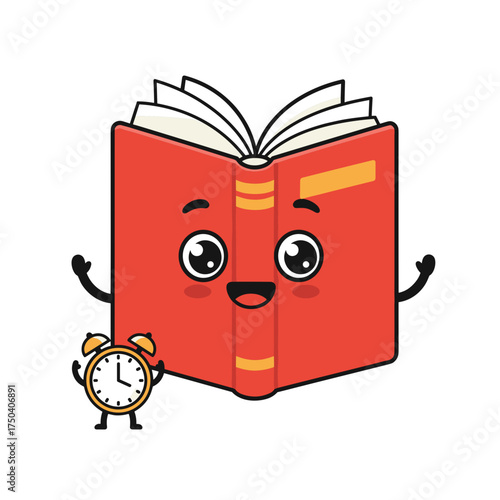 Cute red book with happy face and clock cartoon vector