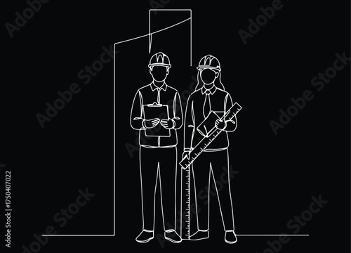 Continuous Line Drawing of Two Architects or Engineers, a Professional Construction Team, with Hard Hats and Design Tools for Building Planning.