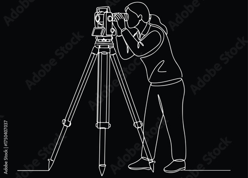 Continuous Line Art of a Surveyor or Engineer Using a Theodolite or Total Station on a Tripod, Focused on Land Measurement, Construction, and Architectural Planning. Modern Engineering Illustration