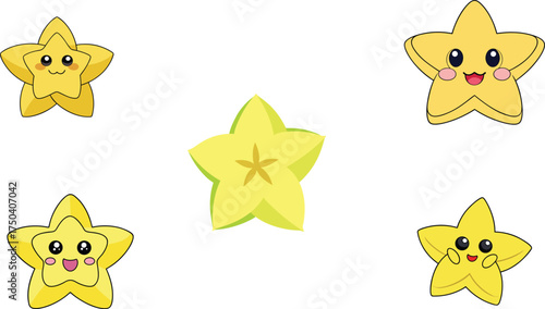 carambola kawai style set, starfruit cartoon vector illustration, cute tropical fruit clipart, adorable fruit character art, exotic fruit design, smiling yellow star fruit, sweet tropical vector, 