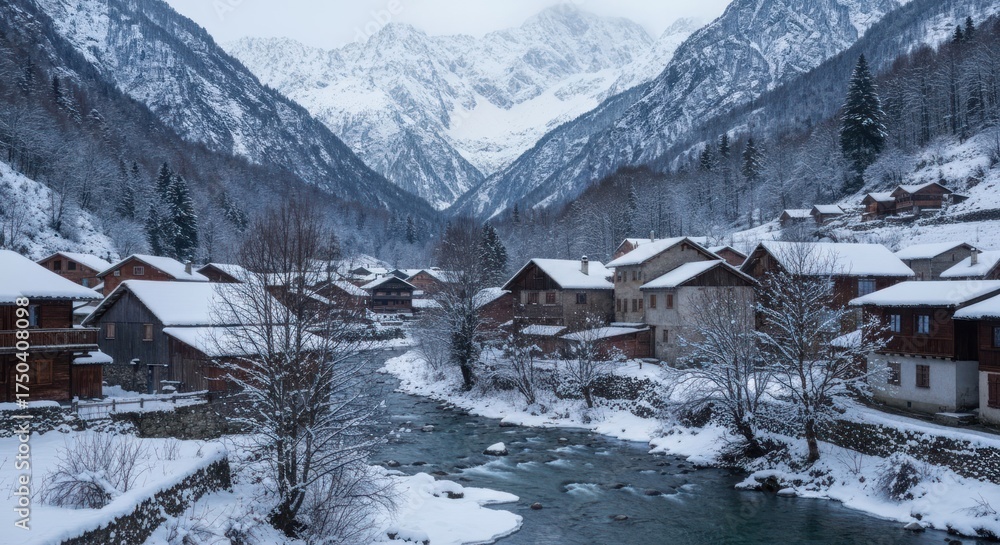 Fototapeta premium Snow-covered village nestled in a valley beneath towering, snow-capped mountains, winter scenery
