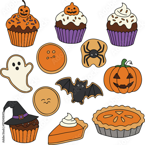 A collection of festive Halloween-themed baked goods and cookies, including cupcakes, ghost cookies, pumpkin pie, and other spooky treats.
