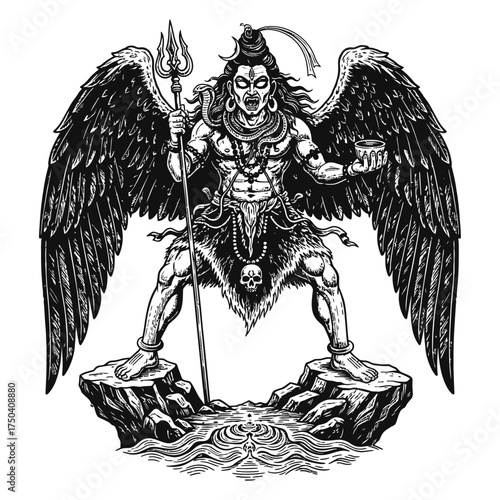 Winged Hindu God Shiva with Trident and Cup Illustration
