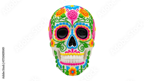 Day of the Dead sugar skull with colorful floral decorations a traditional Mexican symbol for Dia de los Muertos isolated on white