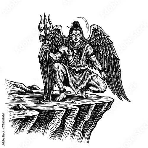 Angelic Winged Lord Shiva Crouching on Cliff Edge with Trident