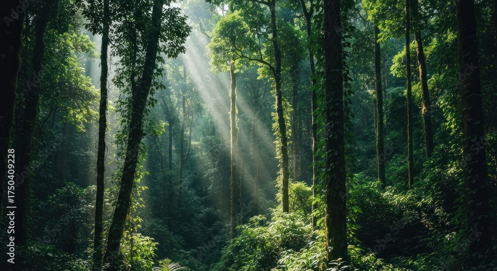 Obraz premium Sunlight streams through a dense, green forest canopy, illuminating tall trees and undergrowth