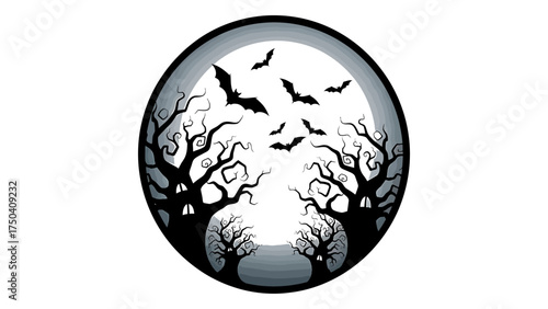 Spooky Halloween vector illustration with bats flying over bare trees a full moon and a dark eerie atmosphere for seasonal designs
