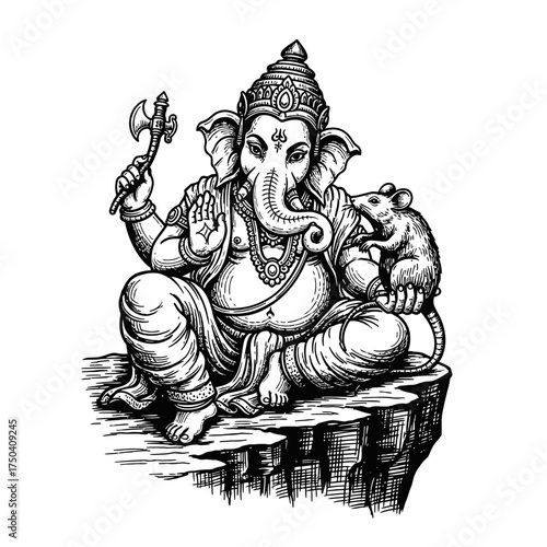 Intricate Outline of Seated Ganesha with Elephant Head and Mouse Companion