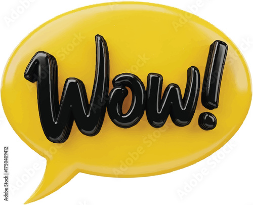 3D Wow text in a glossy yellow speech bubble graphic isolated on white background