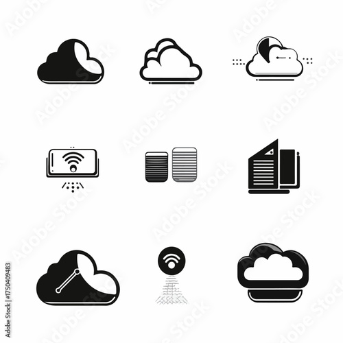 Collection of nine cloud computing and technology icons on a white background