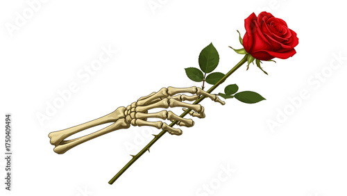 Skeleton hand holding a red rose detailed vector illustration for tattoo design gothic art or romantic concepts isolated on white background