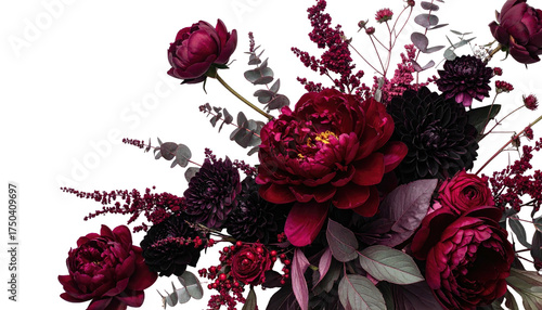 Lush arrangement of deep red and burgundy flowers with green foliage against black